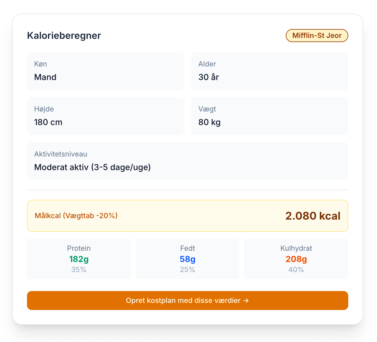 Kalorieberegner, vægttabsberegner og kostplan app i ét værktøj